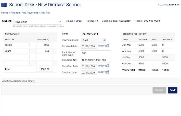 School Desk Fee Payment and Accounting